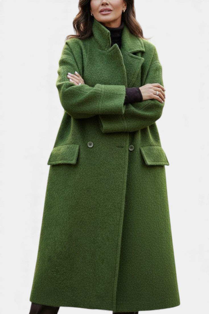 Camile Long Oversized Double-Breasted Coat with Notched Collar