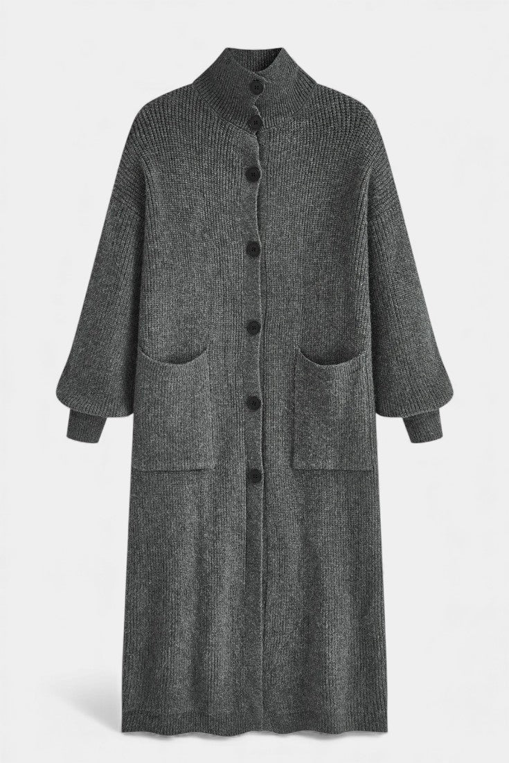 Clarisse Long Knit Coat with Soft Turtleneck and Button Closure