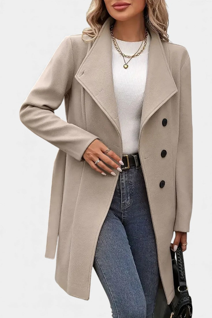 Yuliana Long Coat with Buttons and Tied Waist