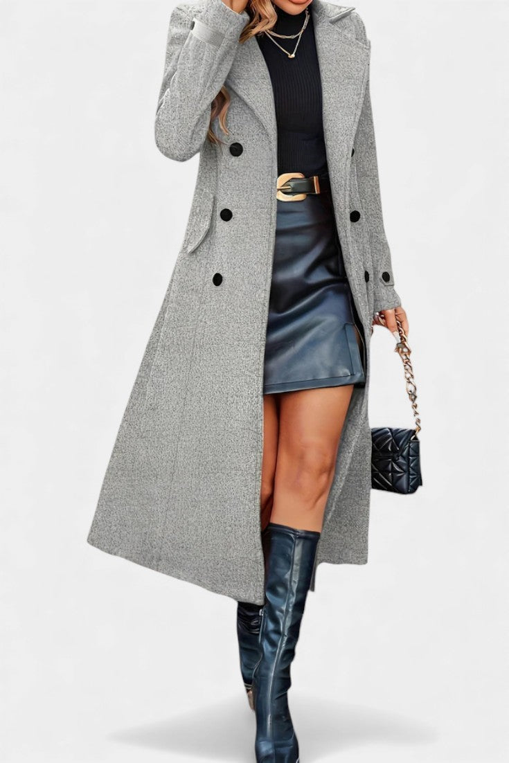 Naissa Long Notched Lapel Double-Breasted Coat