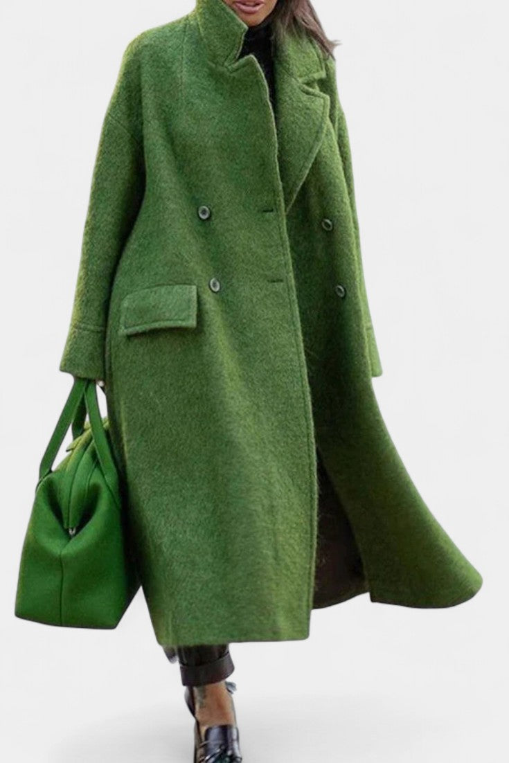Camile Long Oversized Double-Breasted Coat with Notched Collar