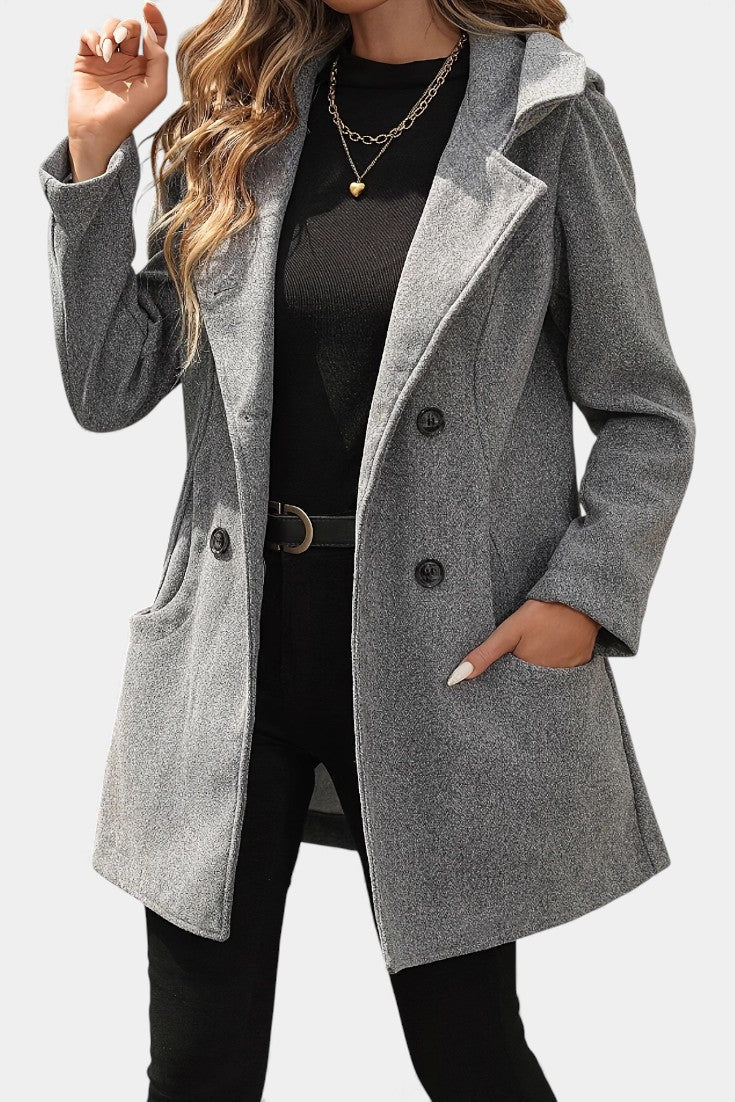 Lada Hooded Double-Breasted Coat with Long Sleeves