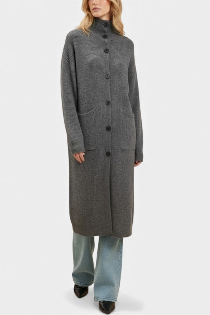 Clarisse Long Knit Coat with Soft Turtleneck and Button Closure