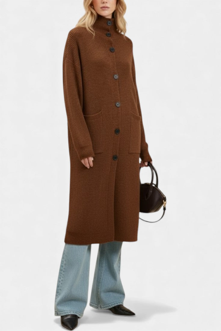 Clarisse Long Knit Coat with Soft Turtleneck and Button Closure