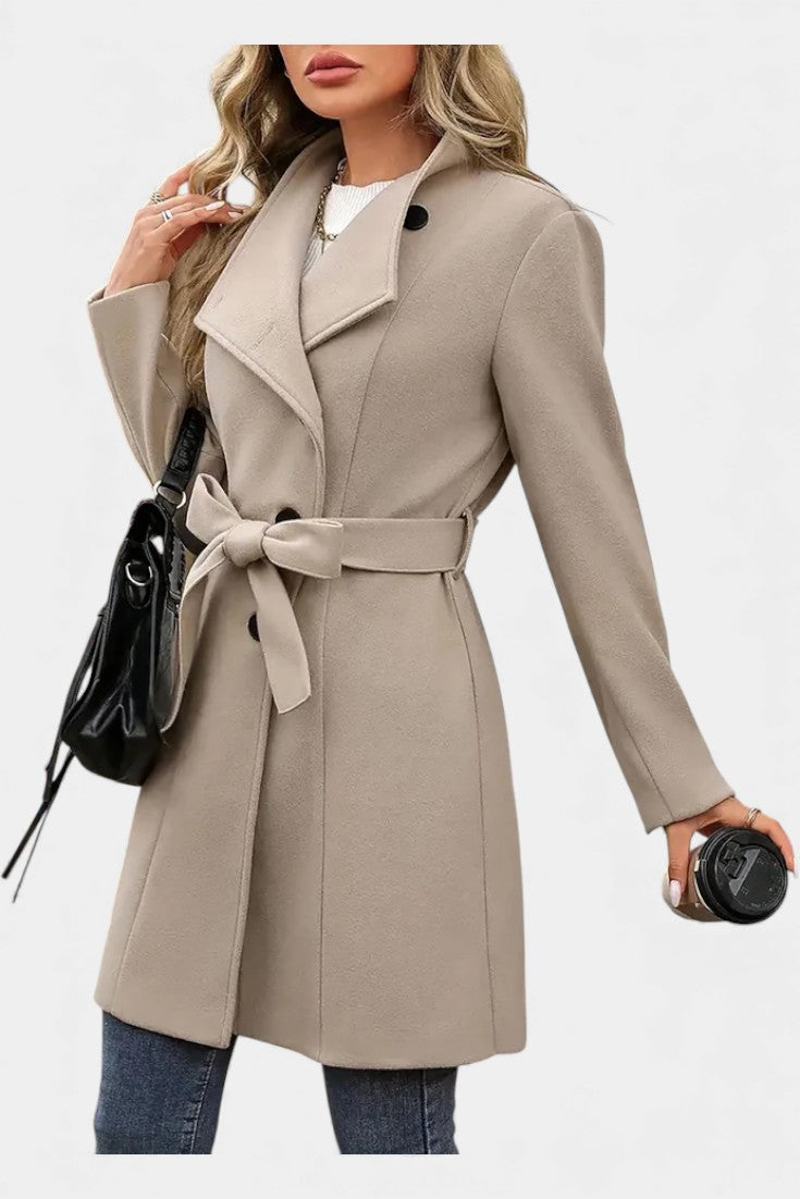 Yuliana Long Coat with Buttons and Tied Waist