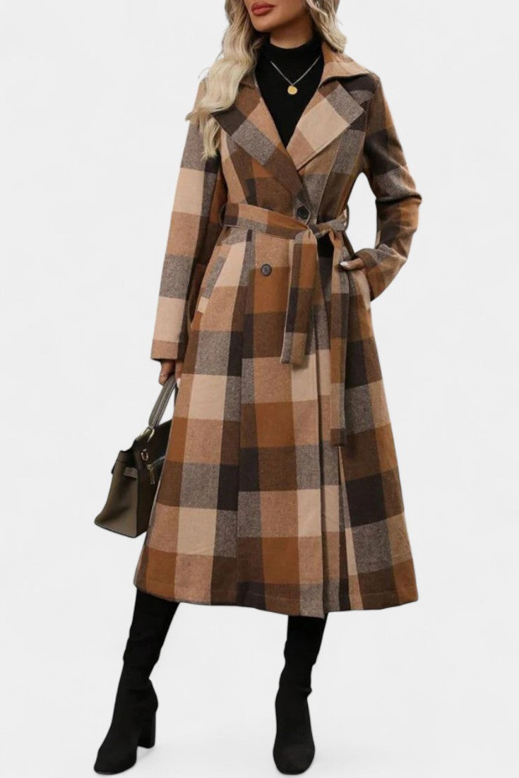 Mélissandre Long Check Coat with Double Breasted and Notched Collar