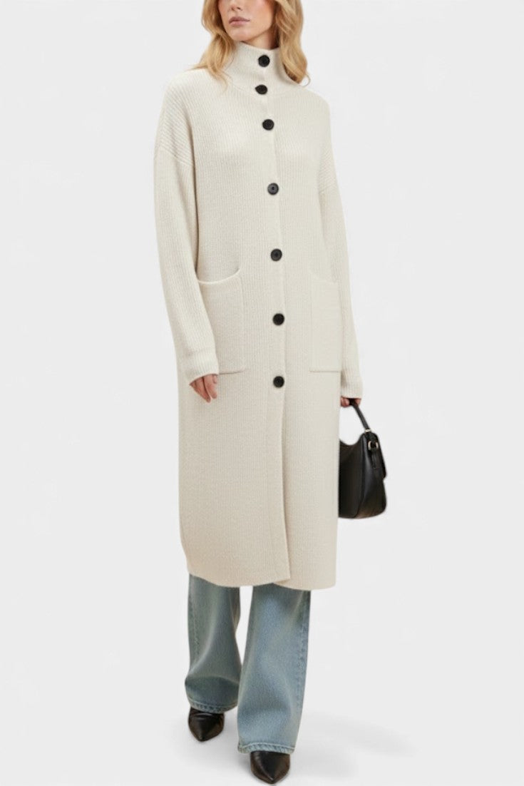 Clarisse Long Knit Coat with Soft Turtleneck and Button Closure