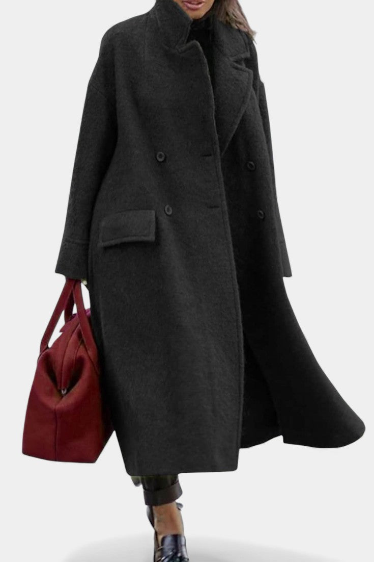 Camile Long Oversized Double-Breasted Coat with Notched Collar