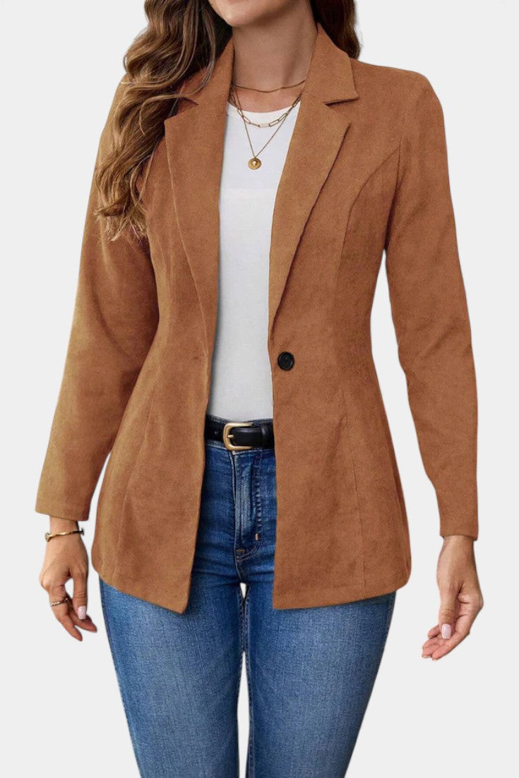 Rhéane Long Blazer with Notched Lapels and Single Button Closure