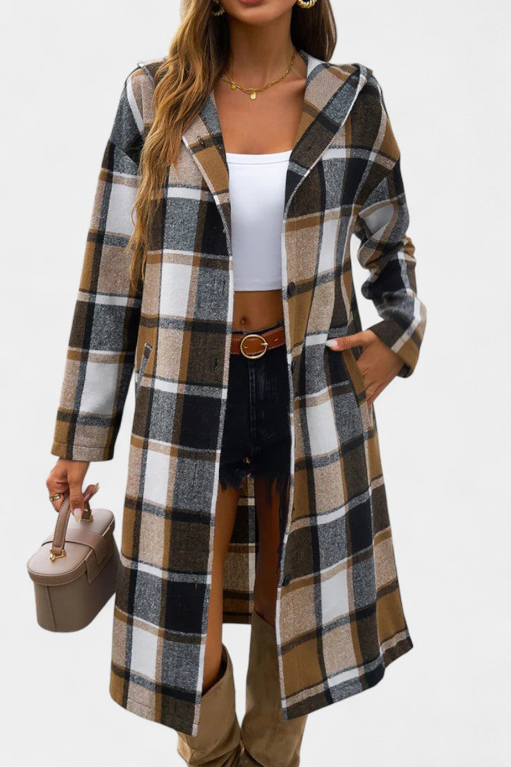 Sandrine Brushed Check Hooded Jacket with Button Closure