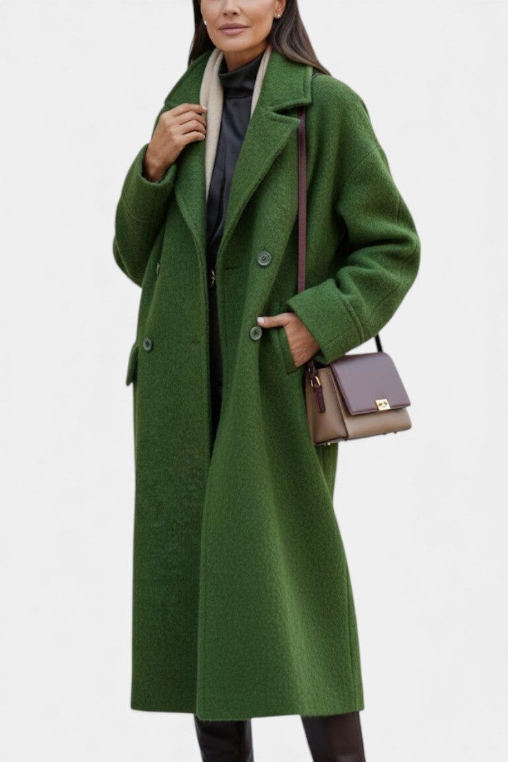 Camile Long Oversized Double-Breasted Coat with Notched Collar