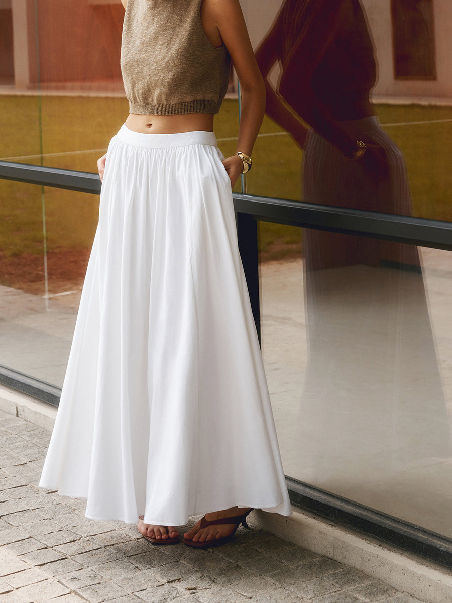 Florence | Women's High Waist Pleated A-Line Maxi Skirt with Pockets