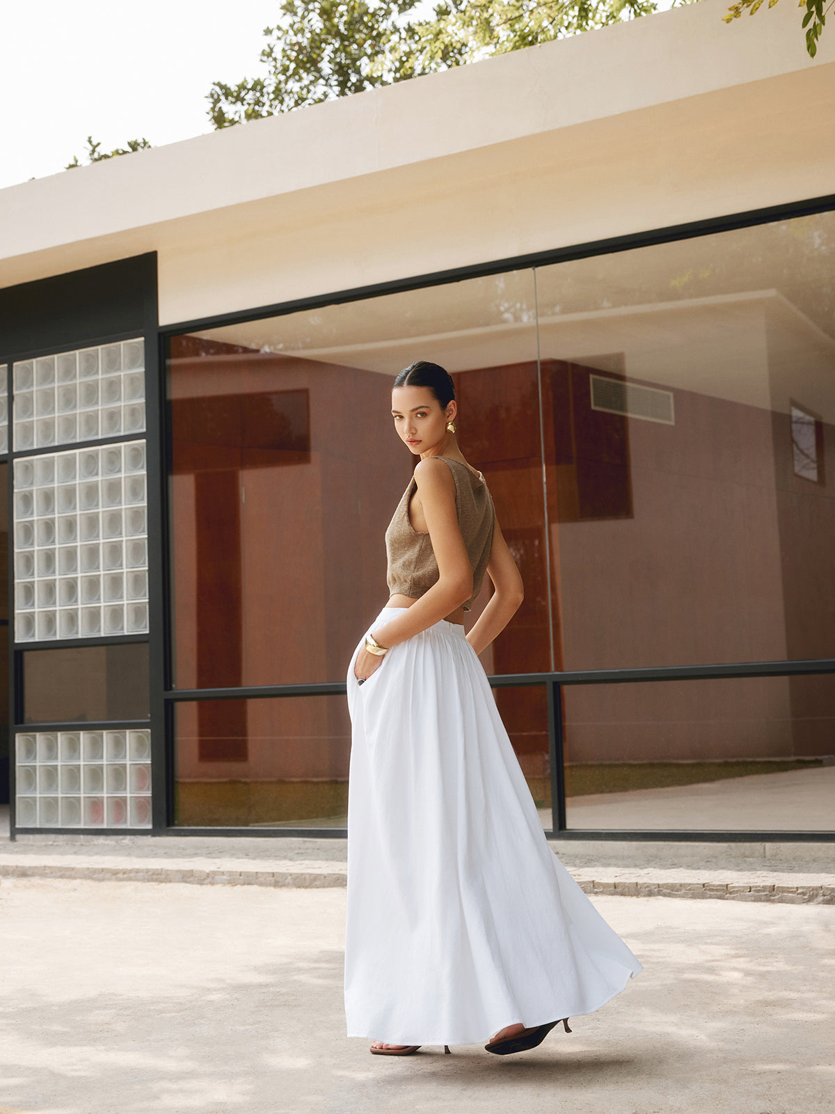 Florence | Women's High Waist Pleated A-Line Maxi Skirt with Pockets