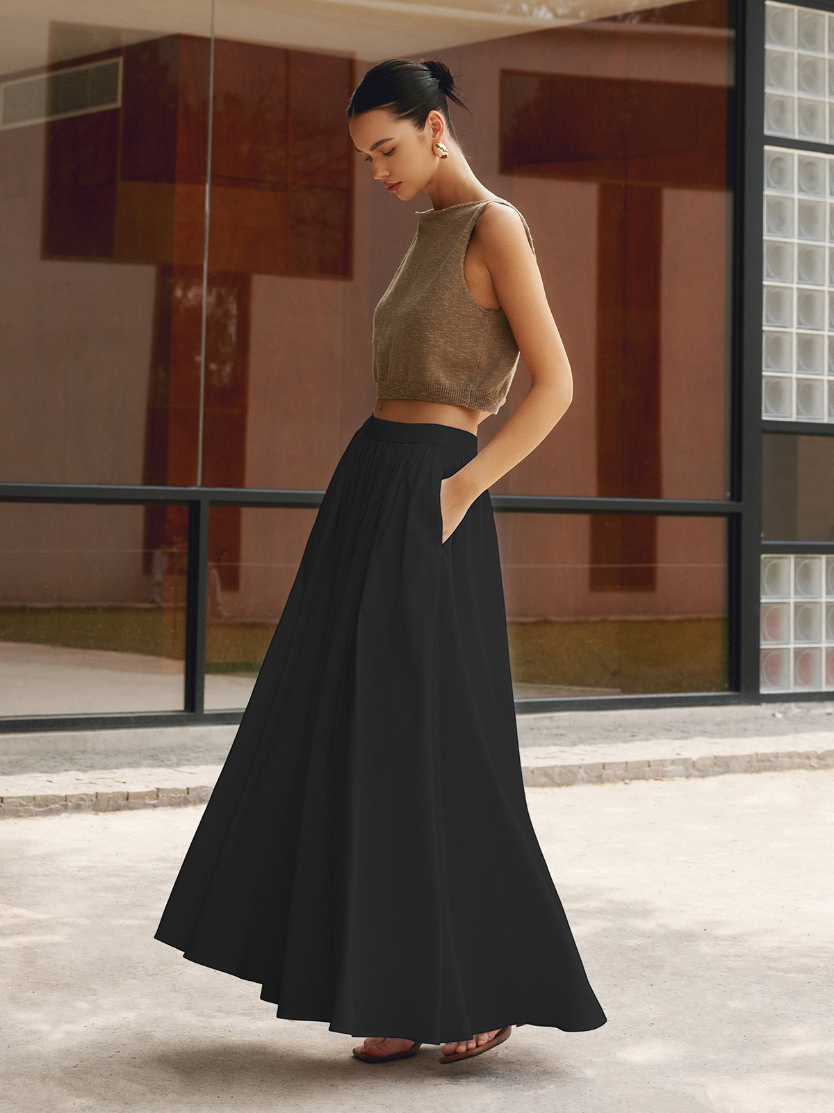 Florence | Women's High Waist Pleated A-Line Maxi Skirt with Pockets