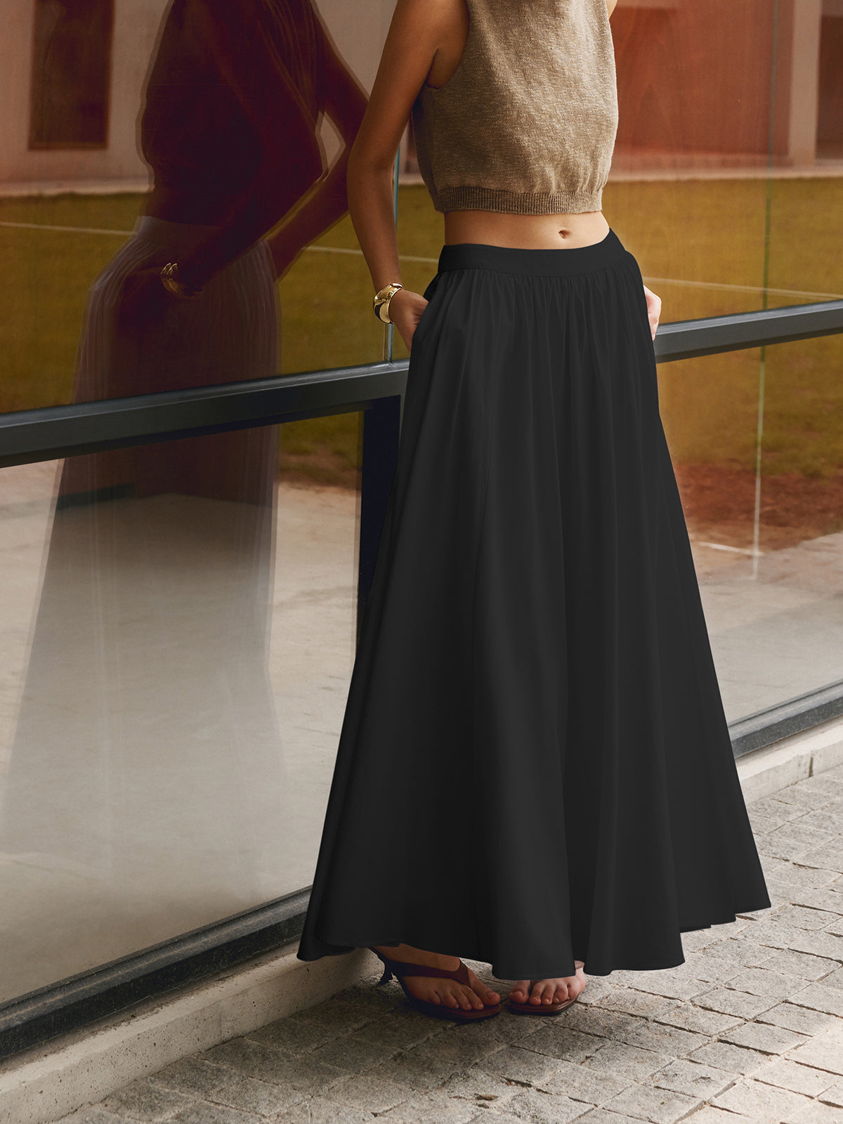 Florence | Women's High Waist Pleated A-Line Maxi Skirt with Pockets