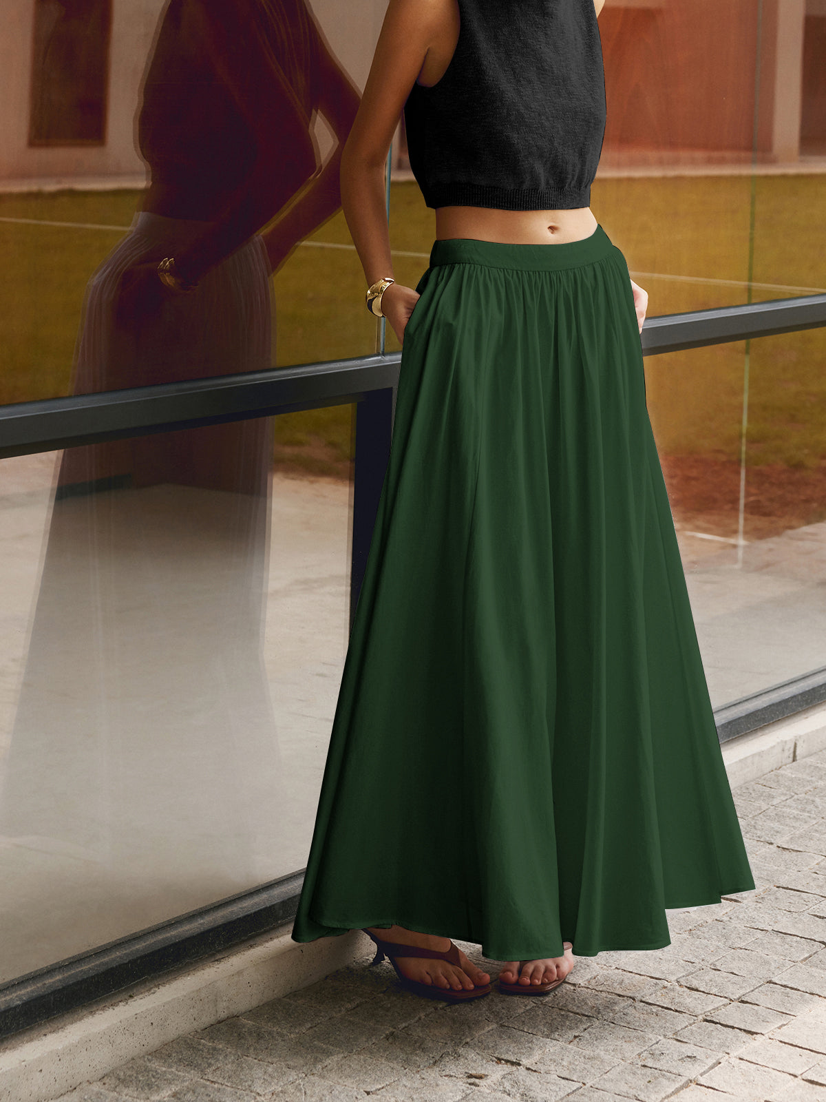 Florence | Women's High Waist Pleated A-Line Maxi Skirt with Pockets