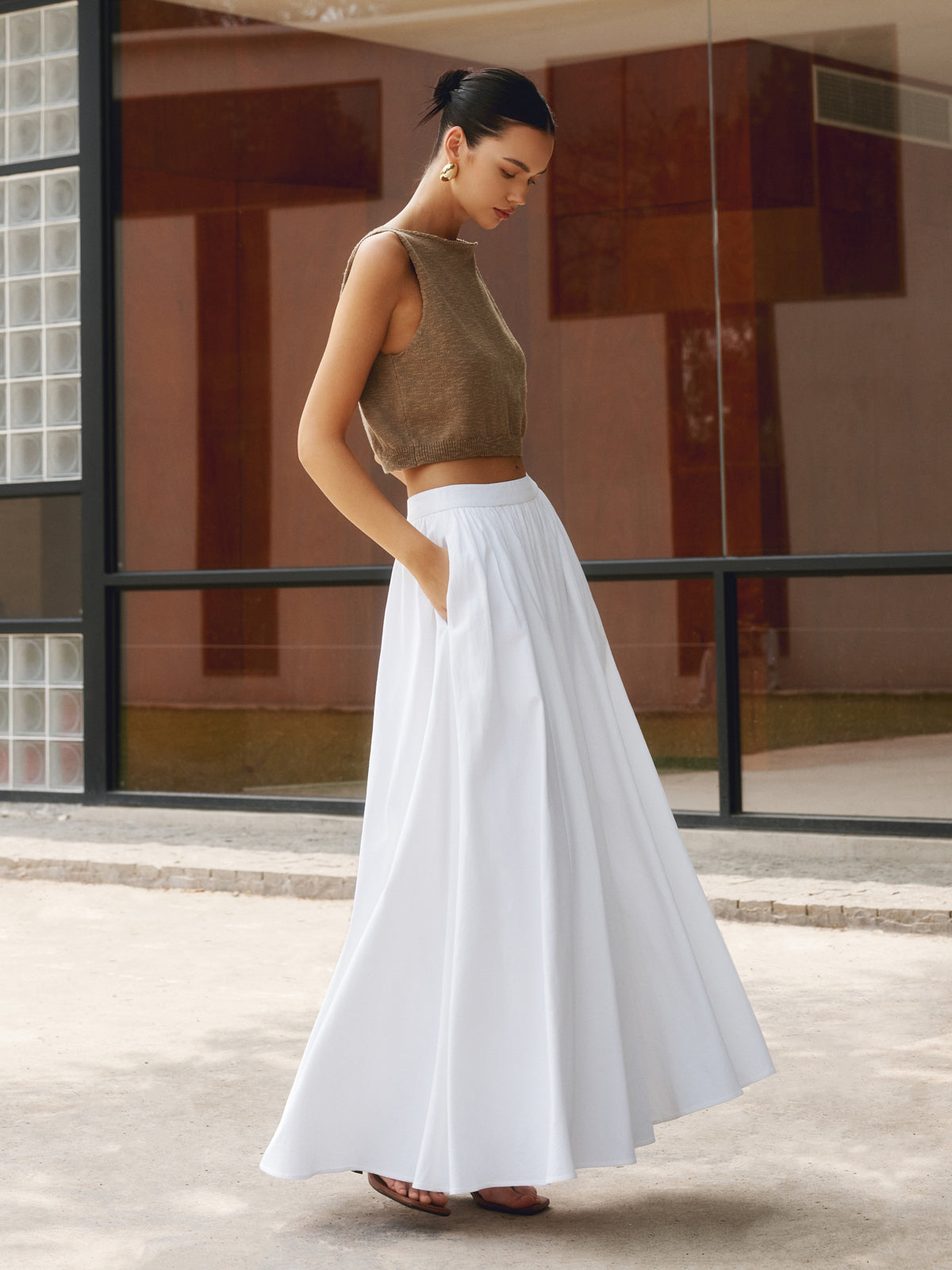 Florence | Women's High Waist Pleated A-Line Maxi Skirt with Pockets