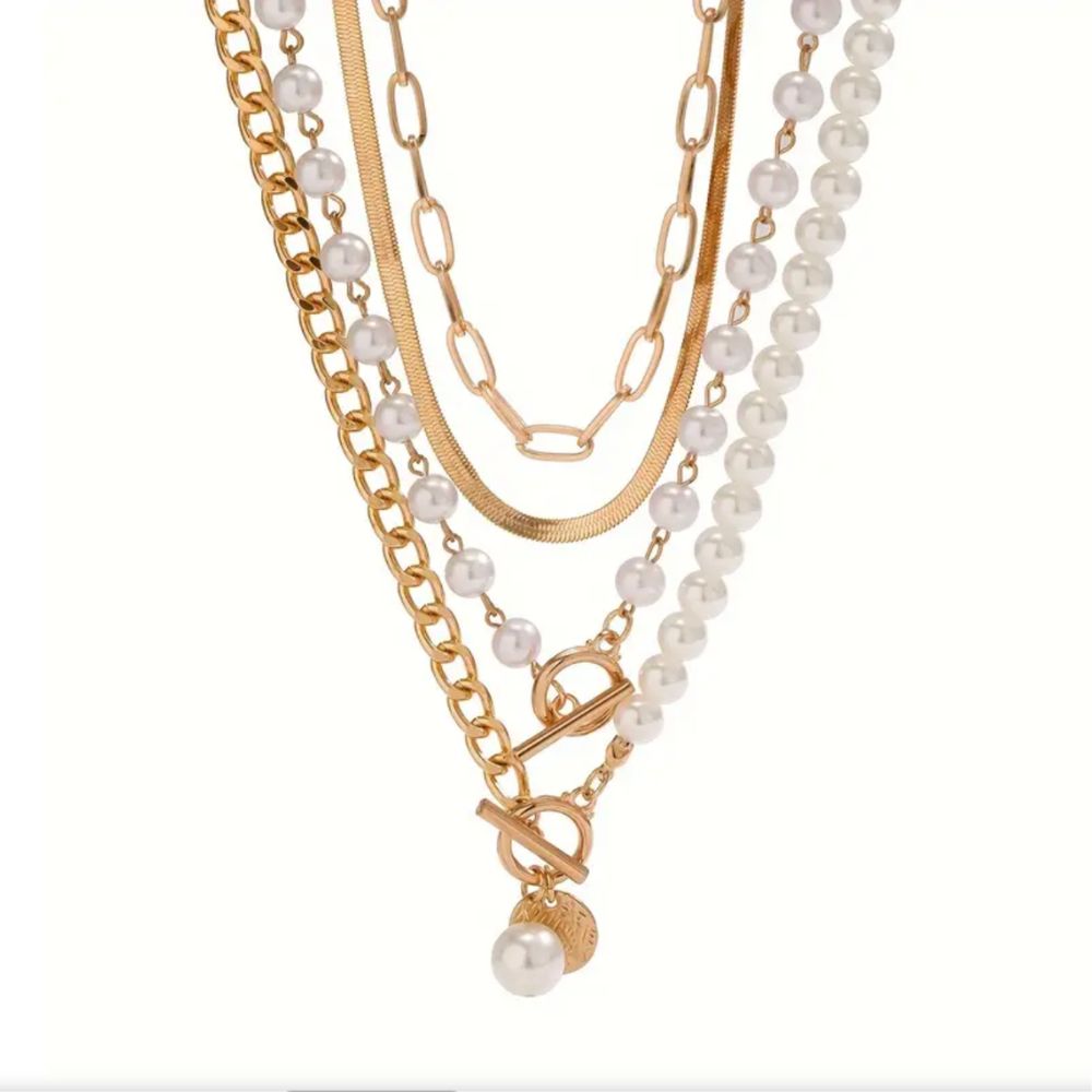Vintage Pearl & Gold Snake Chain Necklace Set