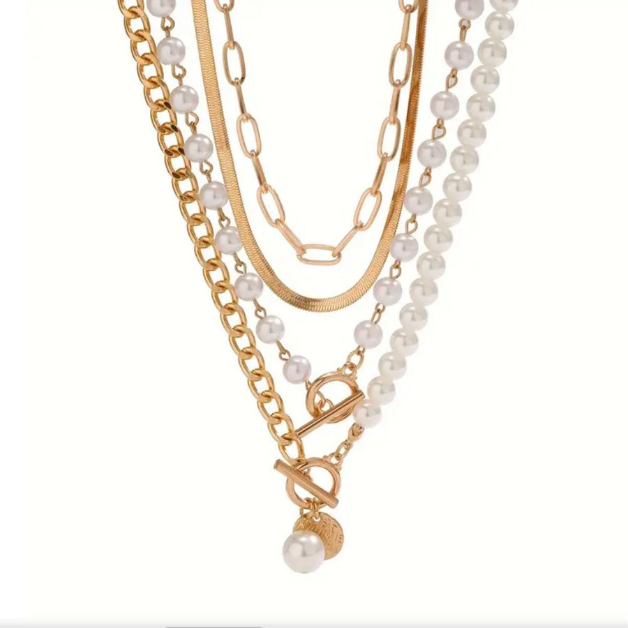 Vintage Pearl & Gold Snake Chain Necklace Set