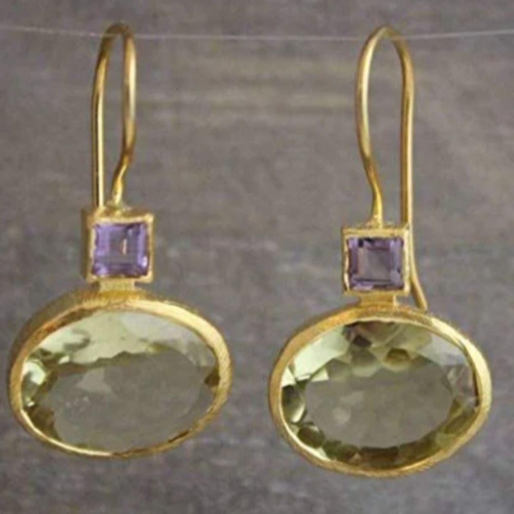 Vintage Green Amethyst  Gold Earrings