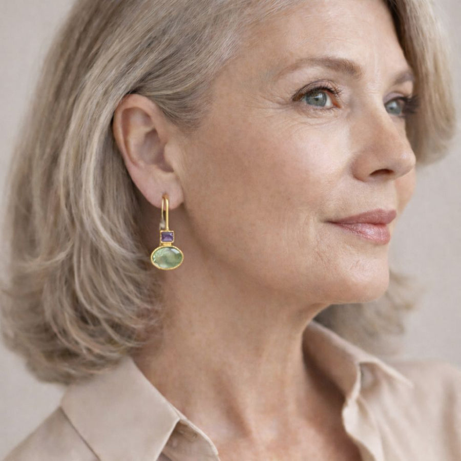 Vintage Green Amethyst  Gold Earrings