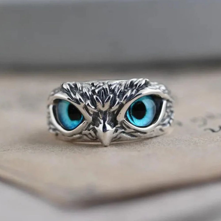 Owl of Good Luck Adjustable Ring in Silver and Opal